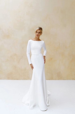 minimalist boat neck long sleeves mermaid bridal dress