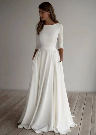 minimalist ivory satin 34 sleeves a line wedding dress