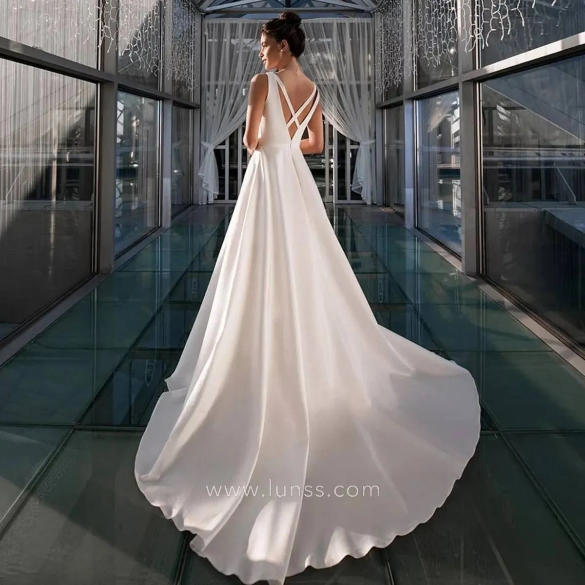 minimalist v back sleeveless satin wedding gown with court train