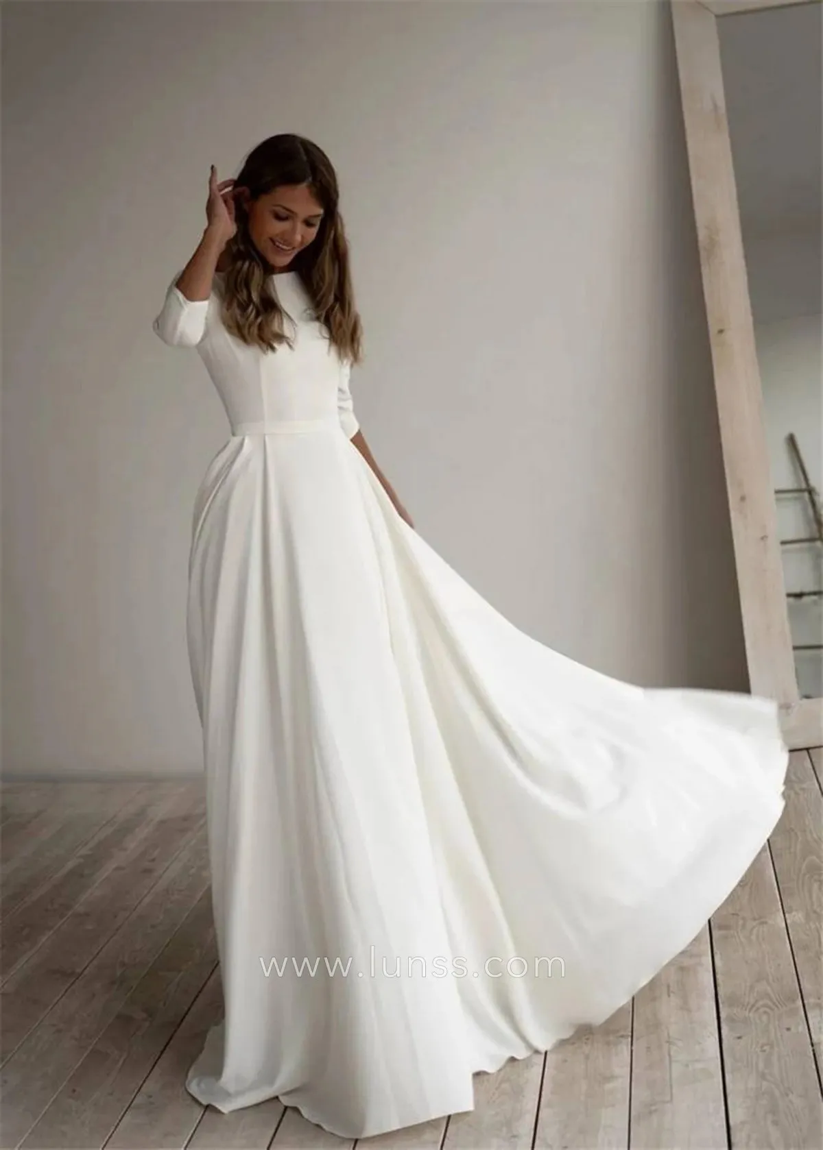 modern 34 sleeve a line spring outdoor wedding dress