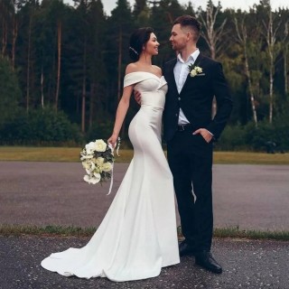 modern ivory satin off the shoulder mermaid bridal dress