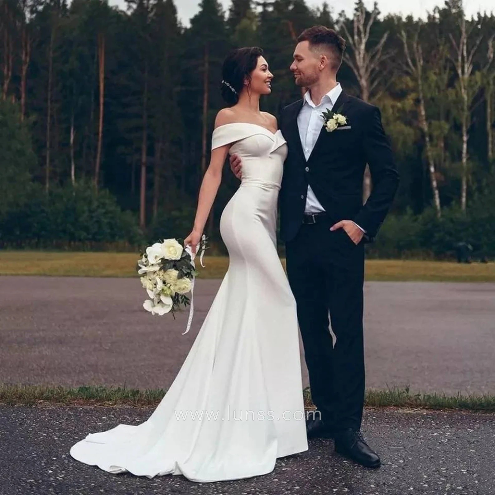 modern ivory satin off the shoulder mermaid bridal dress