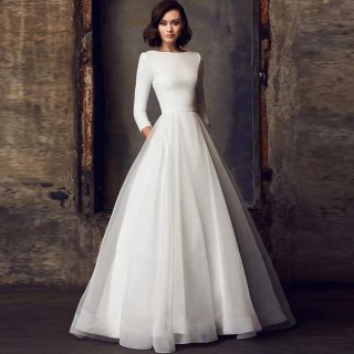 modest satin organza long sleeve a line wedding dress