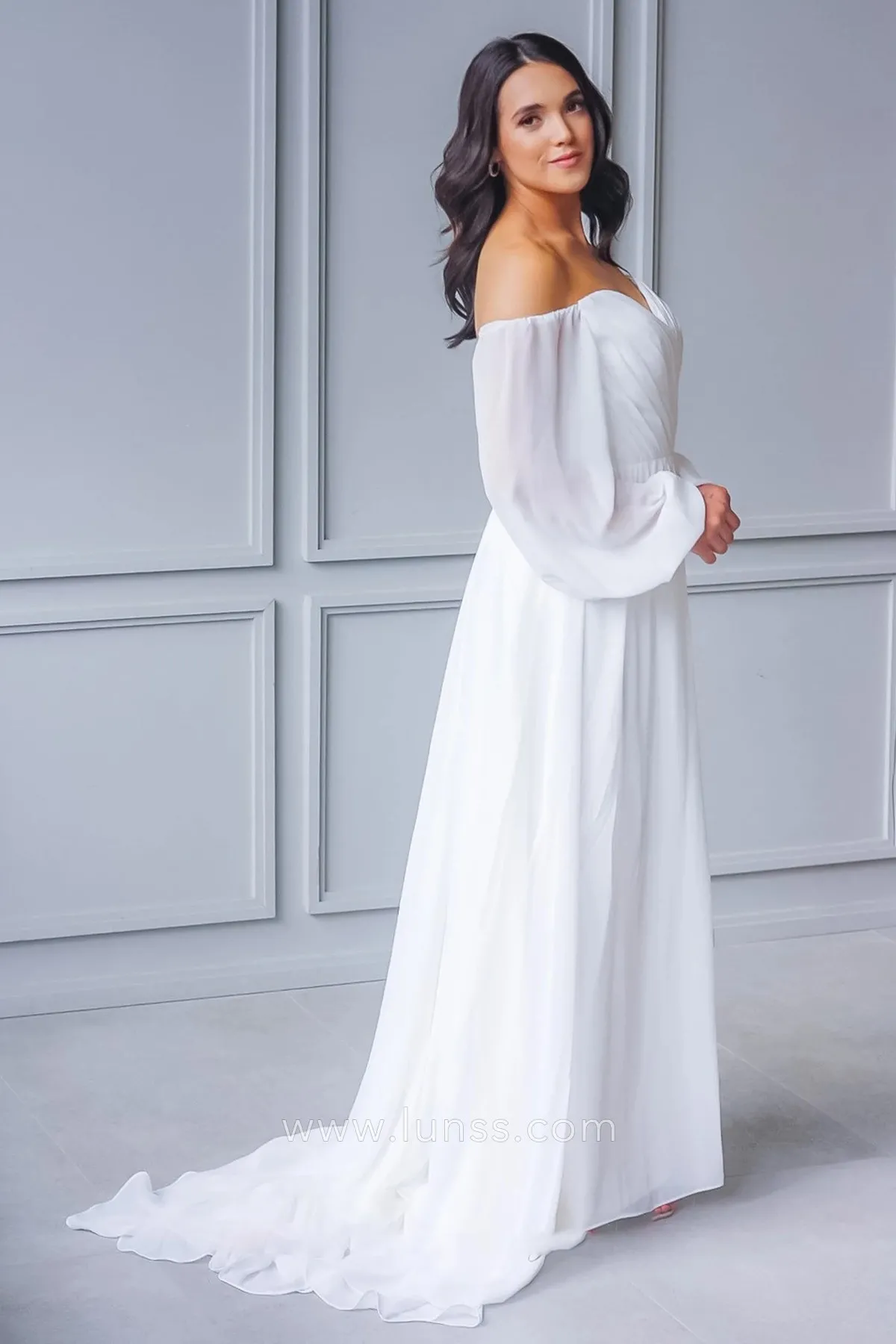 off shoulder pleated chiffon a line plus size bridal gown