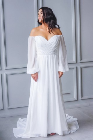off shoulder pleated chiffon plus size casual bridal gown