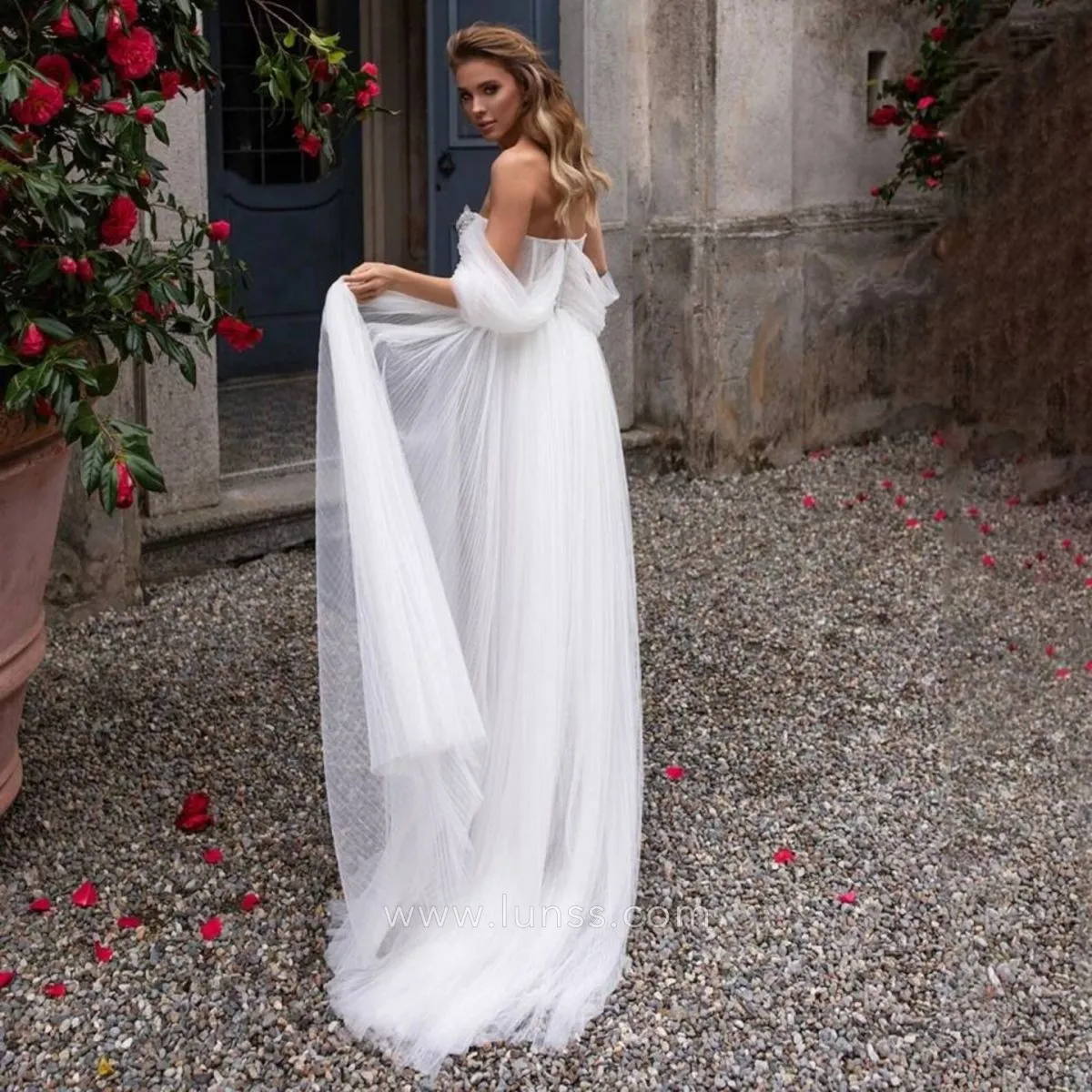 off the shoulder beaded pleated tulle bridal dress