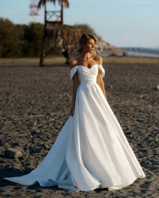off the shoulder ivory satin a line beach wedding dress