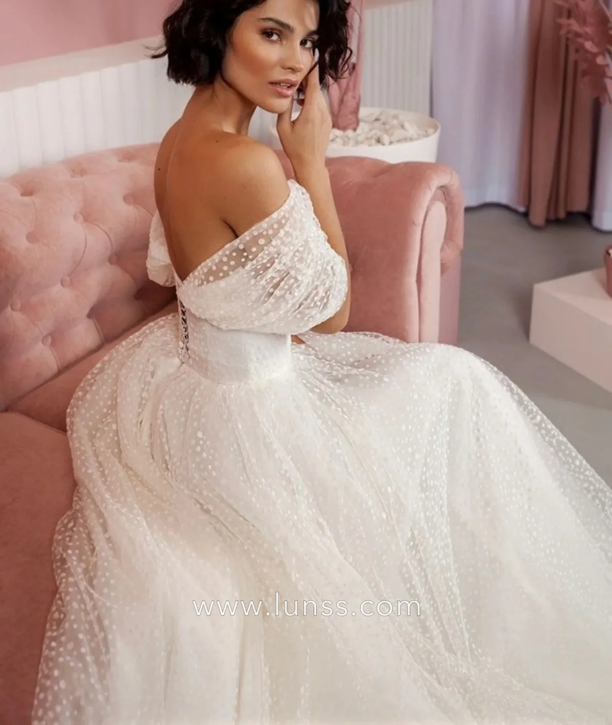 off the shoulder polka dot puffy wedding gown