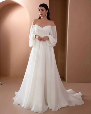 off the shoulder puffy sleeve flowy chiffon bridal dress