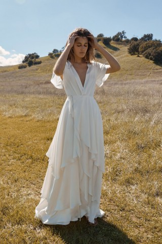 plunging v neck ruffled chiffon a line boho bridal dress