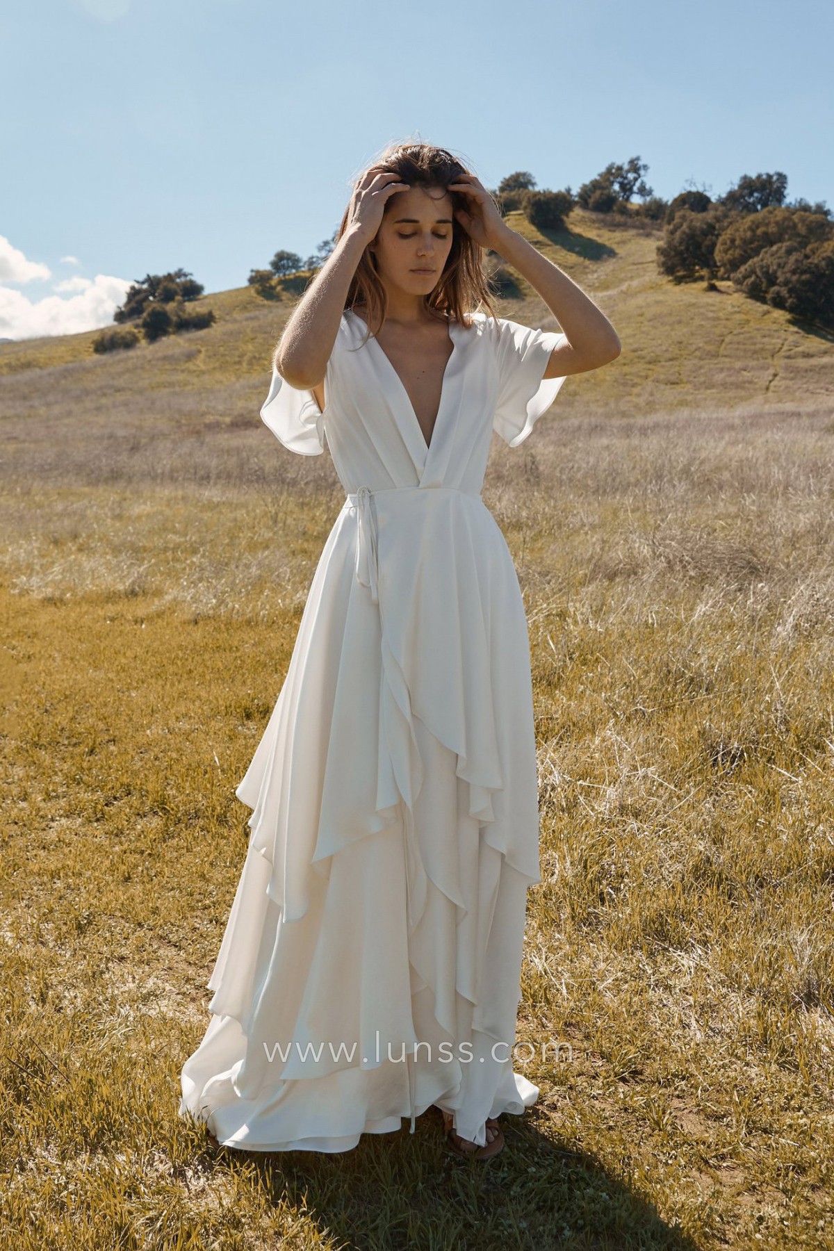 plunging v neck ruffled chiffon a line boho bridal dress plunging v neck ruffled chiffon a line boho bridal dress