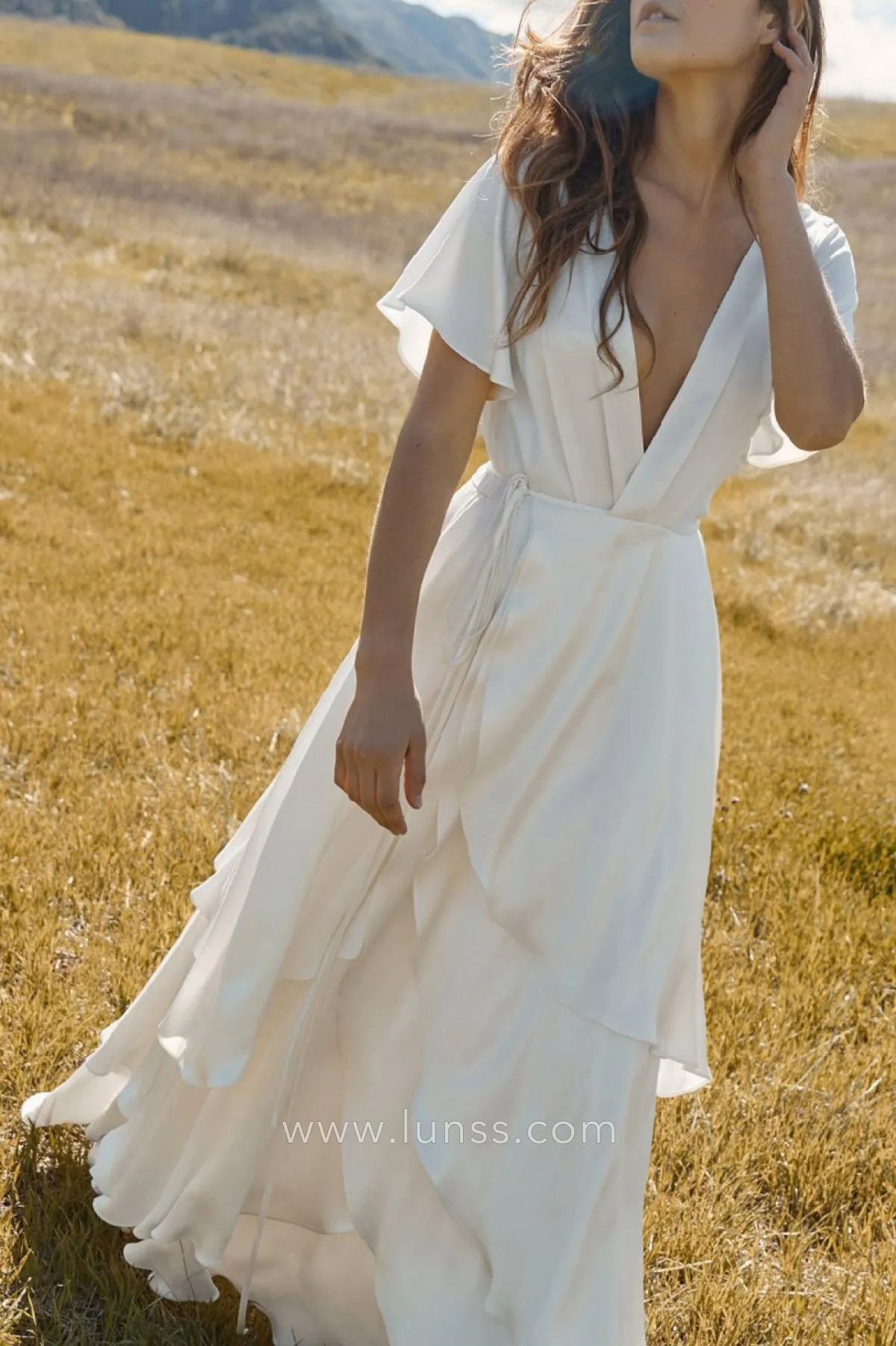 plunging v neck short sleeve ivory satin chiffon spring outdoor wedding dress plunging v neck short sleeve ivory satin chiffon spring outdoor wedding dress