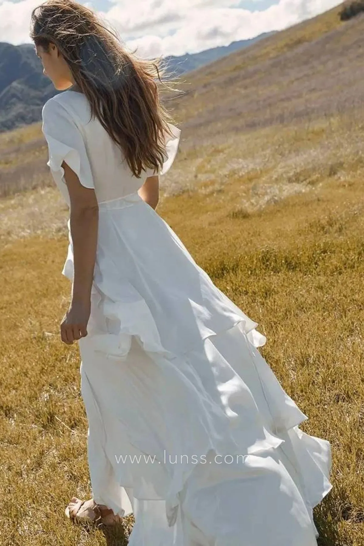 ruffled ivory satin chiffon long rustic bridal gown ruffled ivory satin chiffon long rustic bridal gown