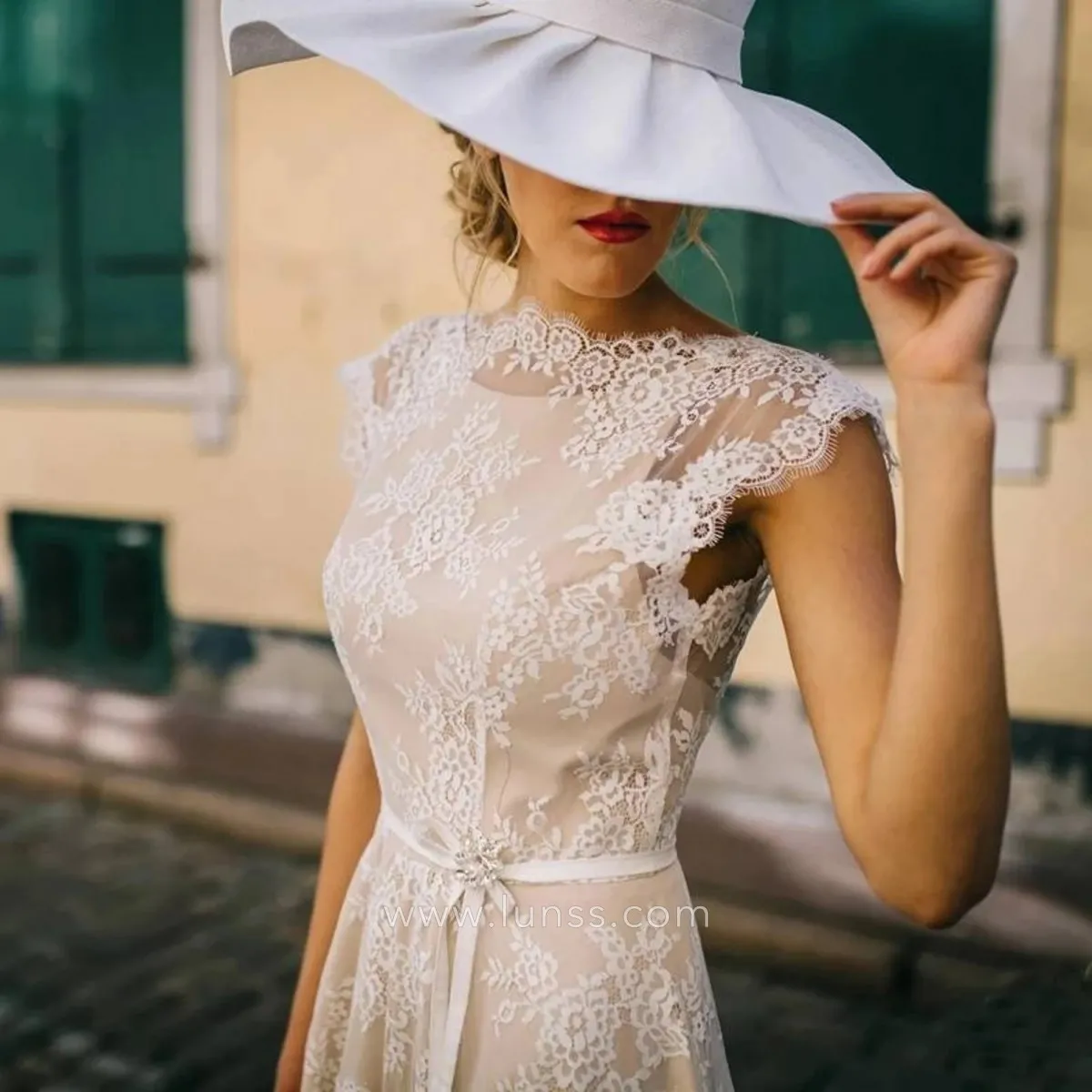 scalloped boat neck cap sleeves lace rustic wedding dress