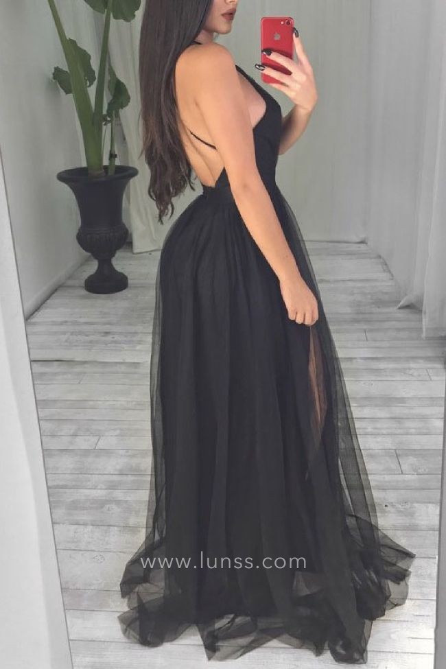 sexy black soft tulle slit prom dress sexy black soft tulle slit prom dress