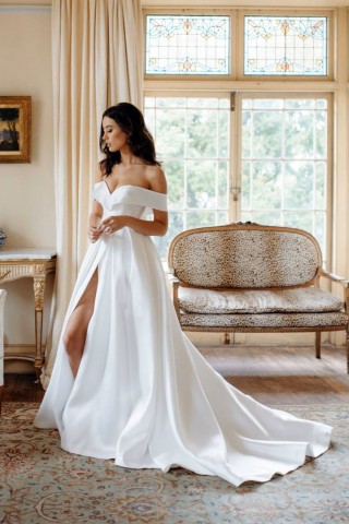 sexy off the shoulder a line slit satin wedding dress