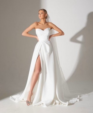 sexy strapless a line pleated satin slit wedding dress