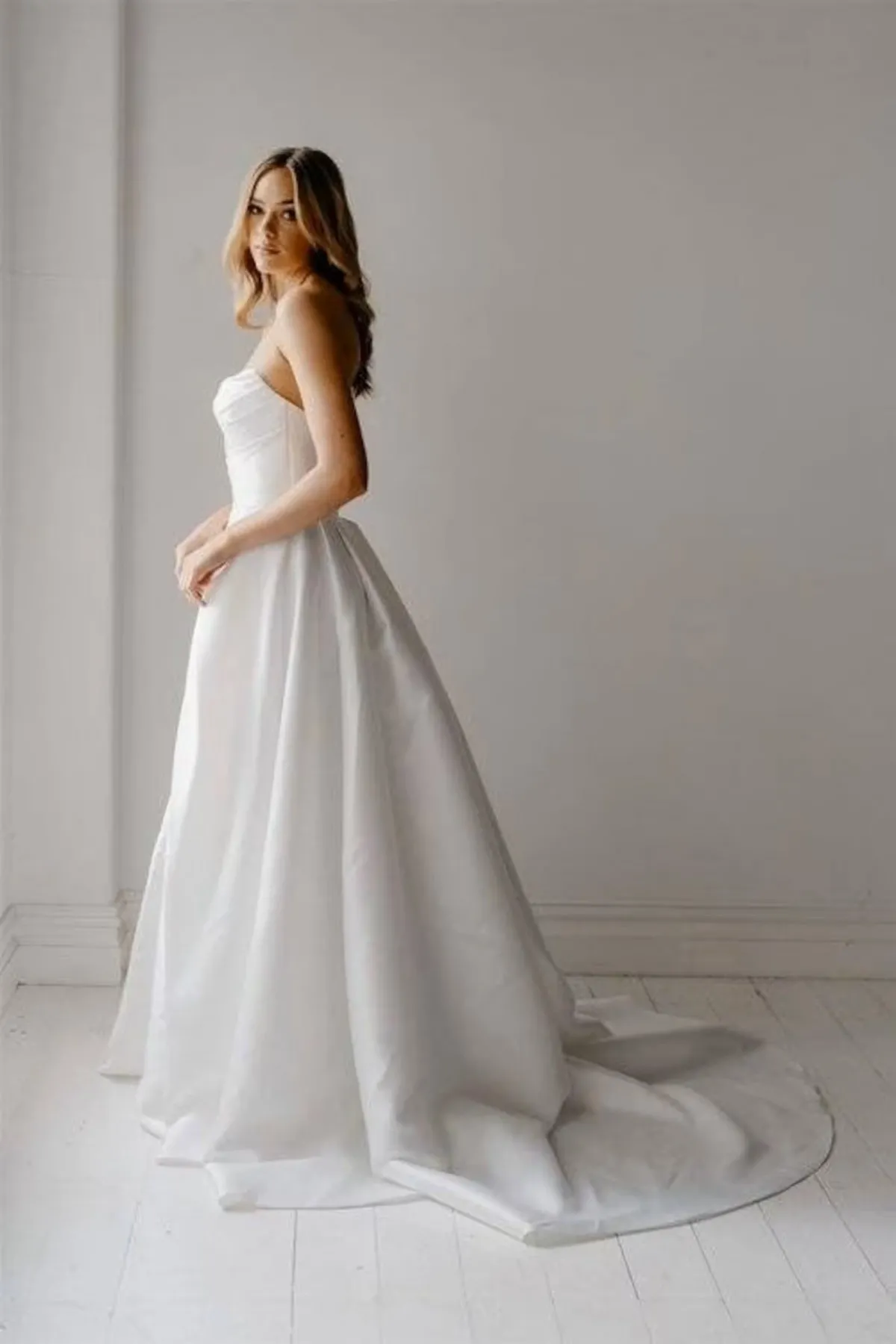 simple satin a line long wedding dress with court train
