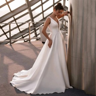 simple v neck sleeveless satin civil ceremony bridal gown