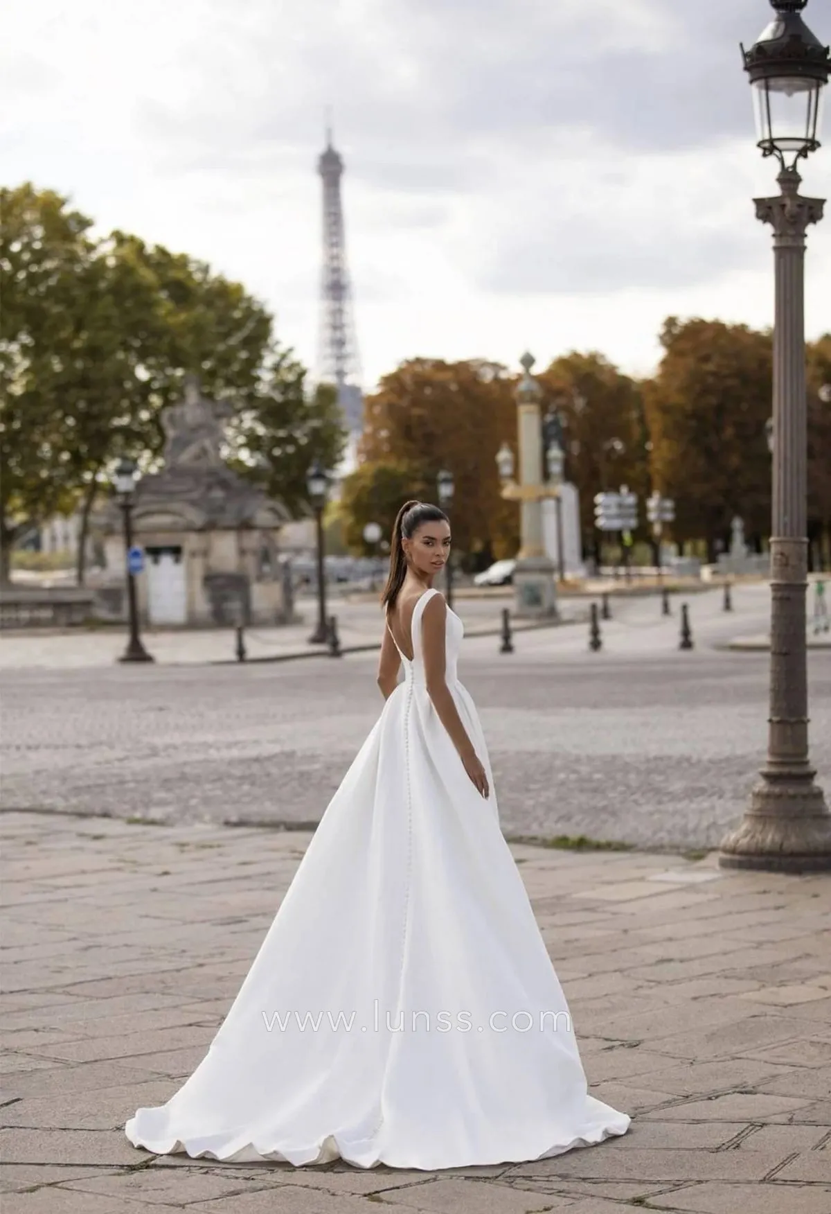 sleeveless v back satin a line wedding dress with court train sleeveless v back satin a line wedding dress with court train