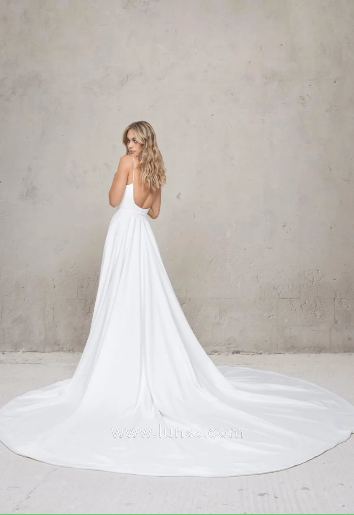 spaghetti straps satin low back beach wedding dress with chapel train