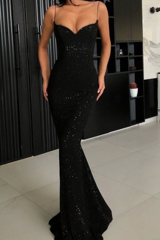black stripe sequin spaghetti strap mermaid evening dress