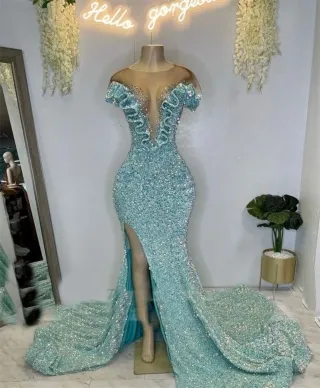 shimmering tiffany blue sequin beaded ruffled prom dress