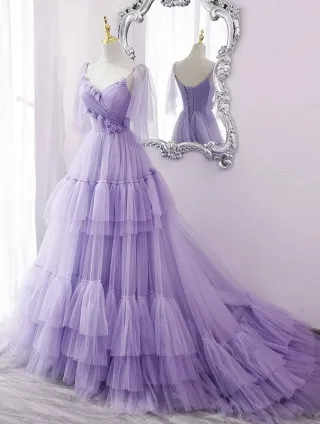 3d flowers lavender tulle tiered princess formal dress