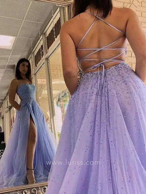 beaded lavender tulle floor length prom dress with spaghetti straps
