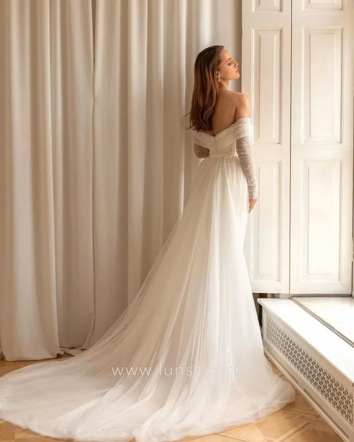 detachable overskirt with chapel train glitter bridal dress detachable overskirt with chapel train glitter bridal dress