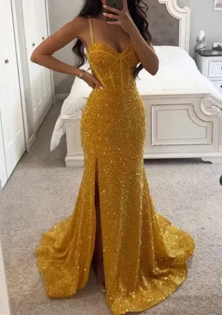 gorgeous golden yellow glitter corset mermaid prom dress