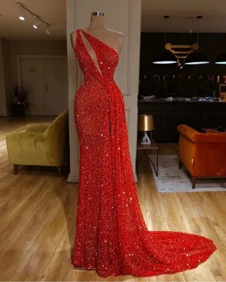 gorgeous red sequin one shoulder metallic long prom dress