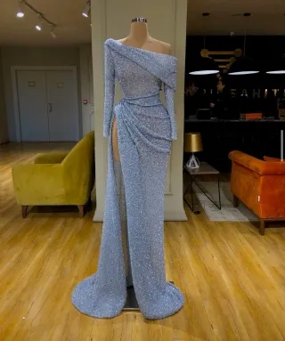 luxury baby blue sequinned beaded asymmetrical prom dress