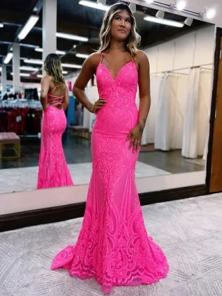 geometric pattern hot pink sequin mermaid prom dress