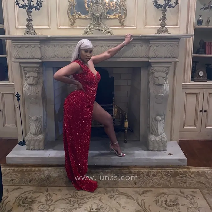 sexy boy hugging red sequin split dress