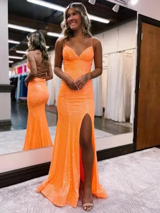 sparkly striped orange sequin split sexy long prom dress