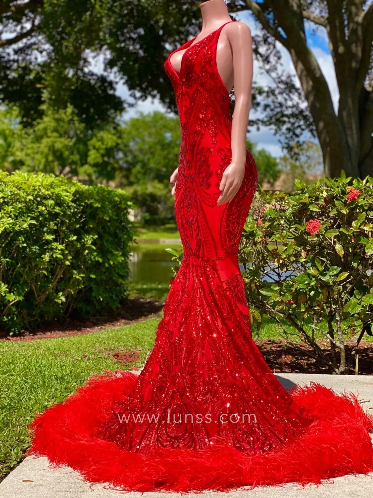 geometric red sequin feather prom dress