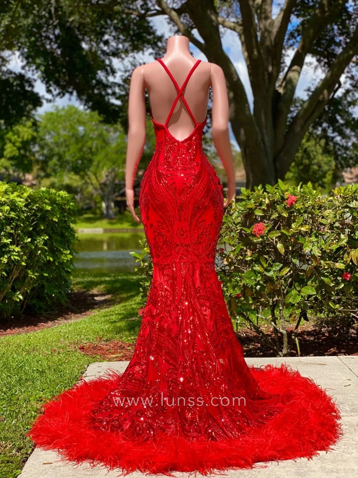 low back red sequin and feather African American prom dress