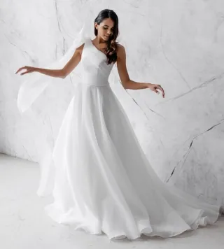 one shoulder floating strap white organza wedding dress