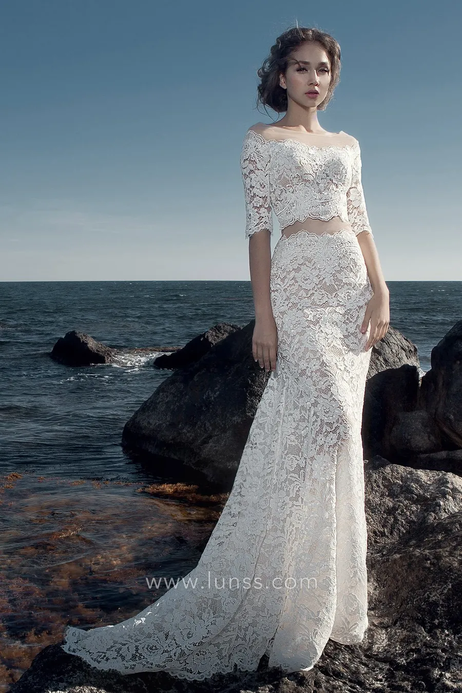 scalloped ivory lace two bridal dress
