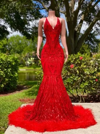 sparkly unique geometric red sequin feather prom dress