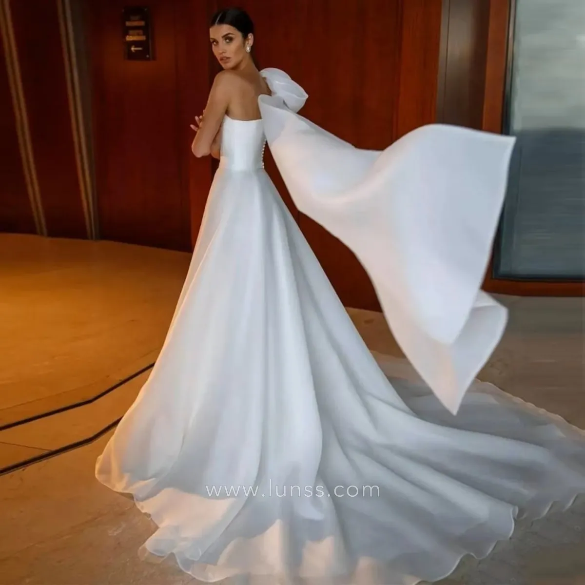 white organza one shoulder floating strap spring boho wedding dress