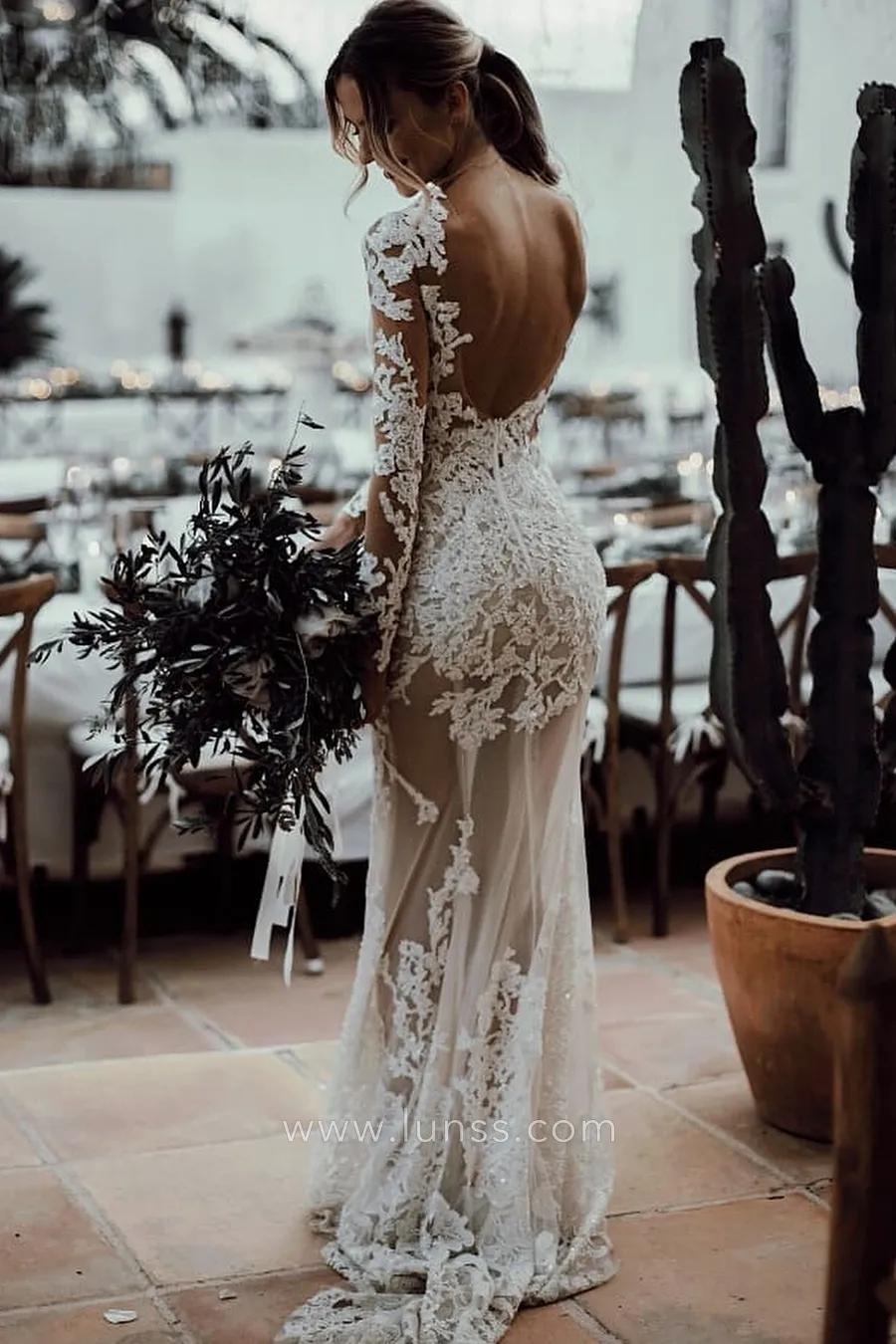 sexy low back sheer lace and tulle boho wedding dress sexy low back sheer lace and tulle boho wedding dress