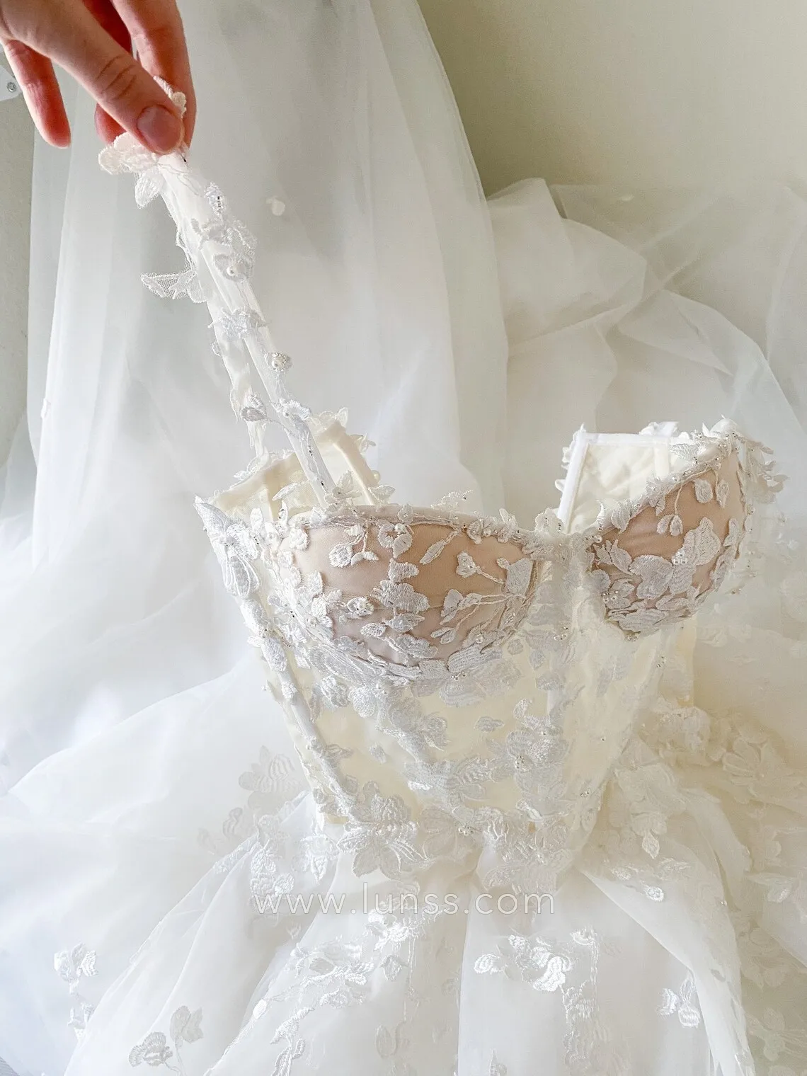 beaded lace bodice with spaghetti straps