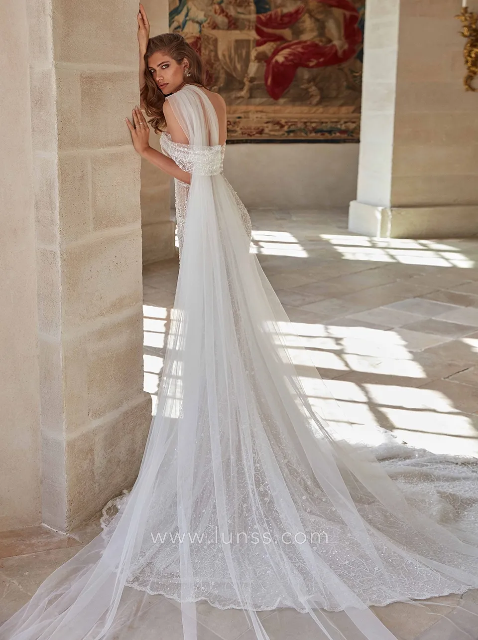 beaded tulle lace wedding dress with sheer sheer cape beaded tulle lace wedding dress with sheer sheer cape