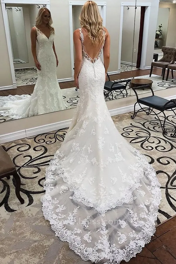 feminine low back mermaid lace wedding dress