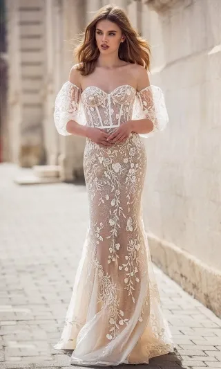 floral lace illusion nude lining mermaid wedding dress