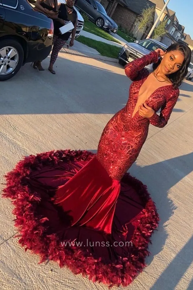 geometric red sequin feather train black girl prom dress geometric red sequin feather train black girl prom dress