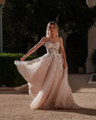 graceful beaded floral lace corset bodice bridal gown