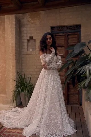 romantic lace off the shoulder destination wedding dress